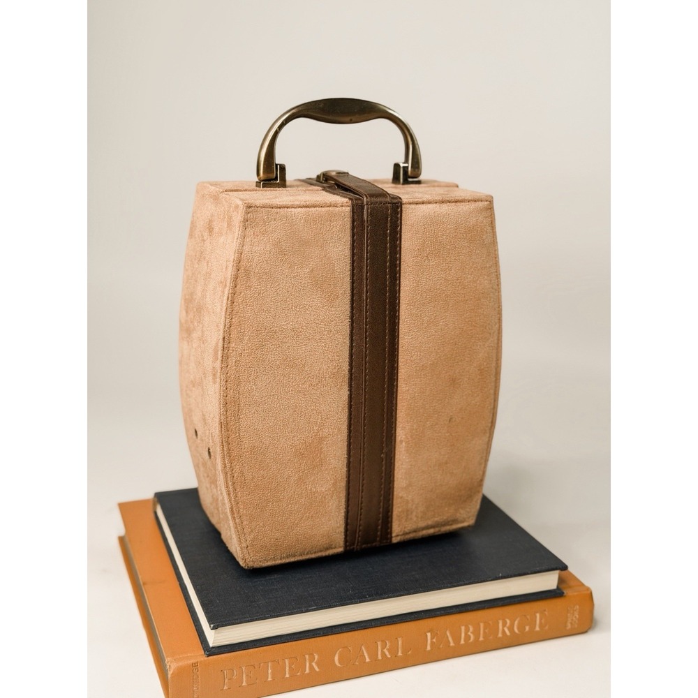 Vintage 1960s Travel Jewelry Case Valet Box Faux Suede Brown Tan Mirror